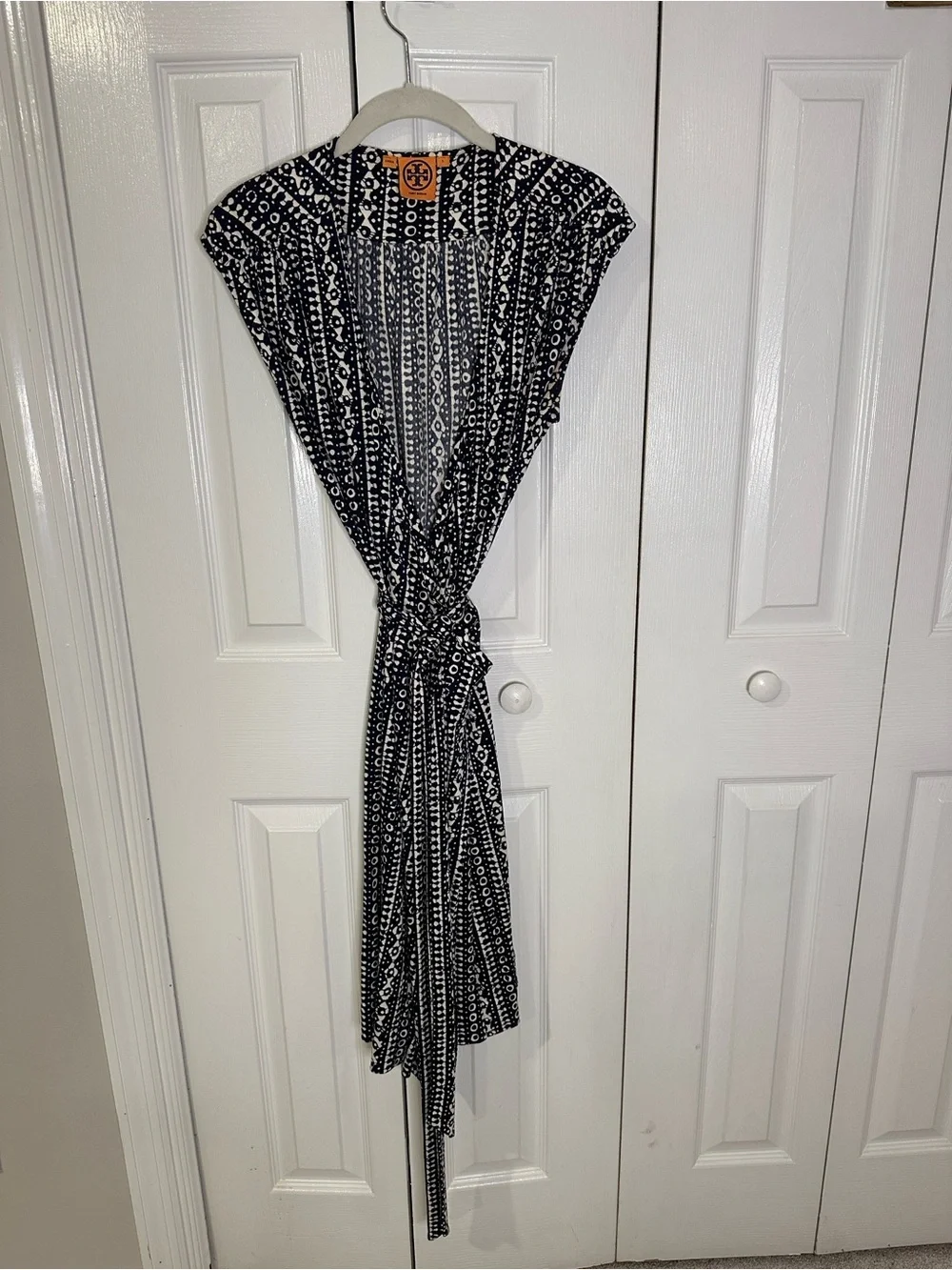 Tory Burch Black & White Patterned Tie-Waist Dress | Large
